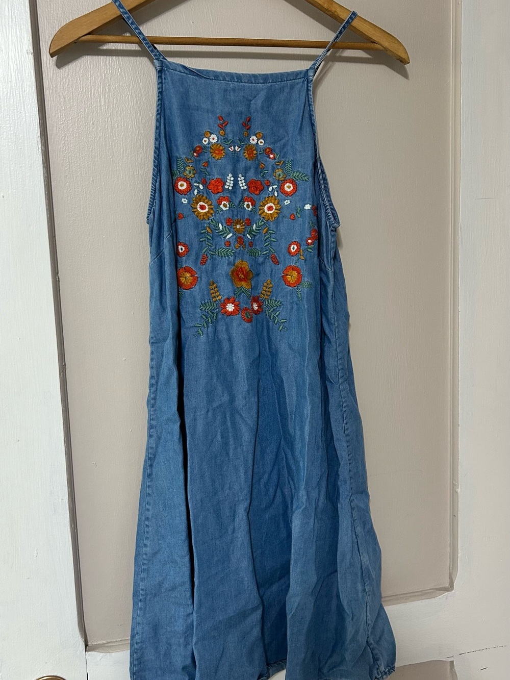 Simons Blue Denim Mini Dress with Red & White Floral Embroidery